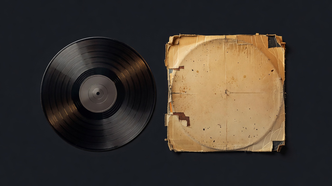 Un vinyle en parfait état posé à côté de sa pochette usée, illustrant la double notation